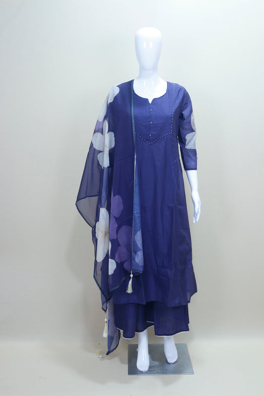 Royal Blue Cotton Kurta Set with Printed Organza Dupatta Bead Detailing