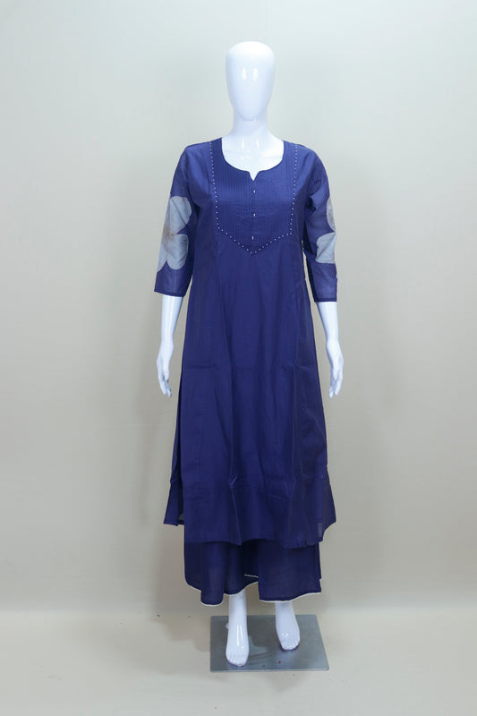 Royal Blue Cotton Kurta Set with Printed Organza Dupatta Bead Detailing