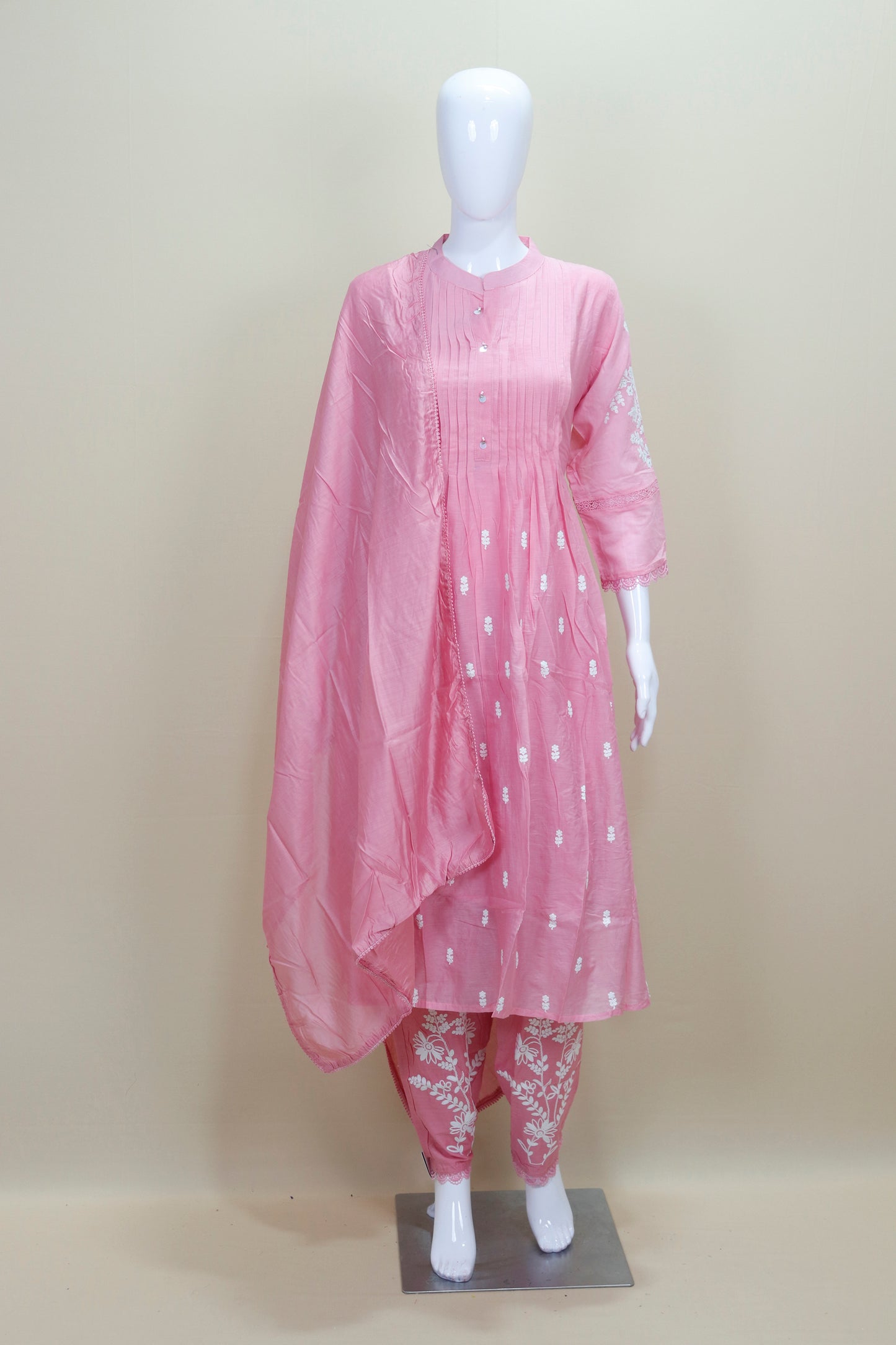 Blush Pink Chikankari Kurta Set with Embroidered Pants and Dupatta