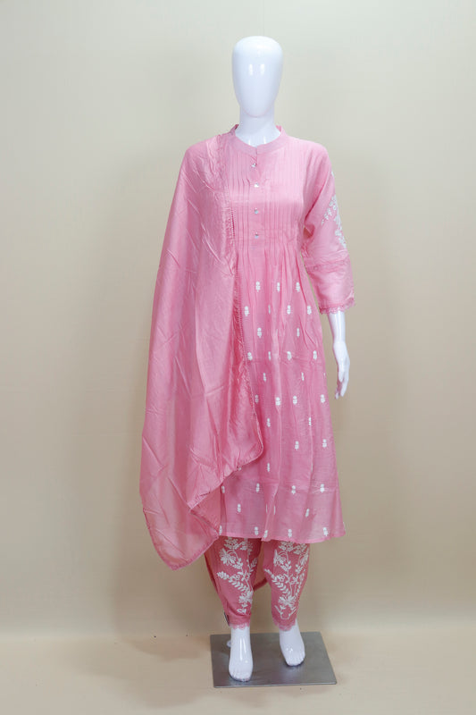 Blush Pink Chikankari Kurta Set with Embroidered Pants and Dupatta