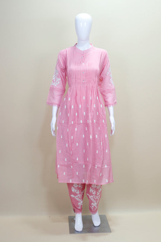 Blush Pink Chikankari Kurta Set with Embroidered Pants and Dupatta