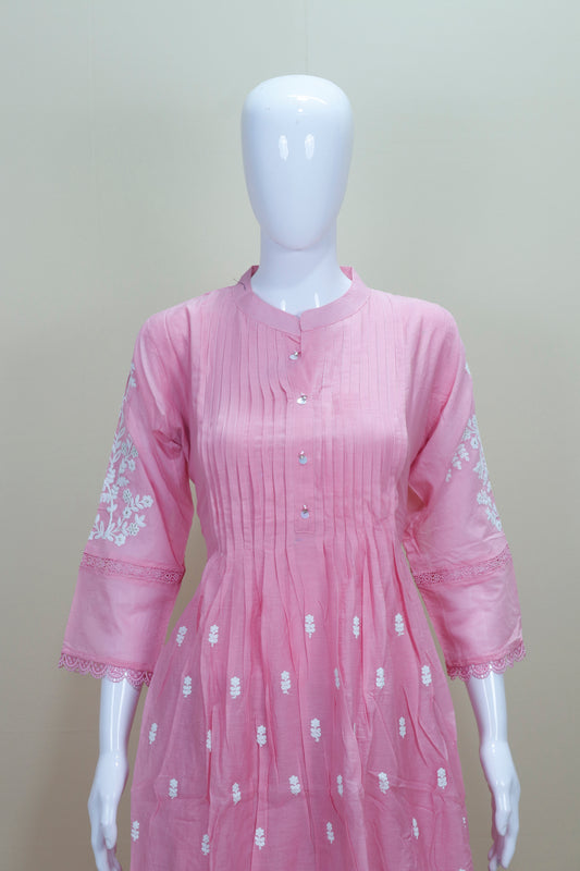 Blush Pink Chikankari Kurta Set with Embroidered Pants and Dupatta