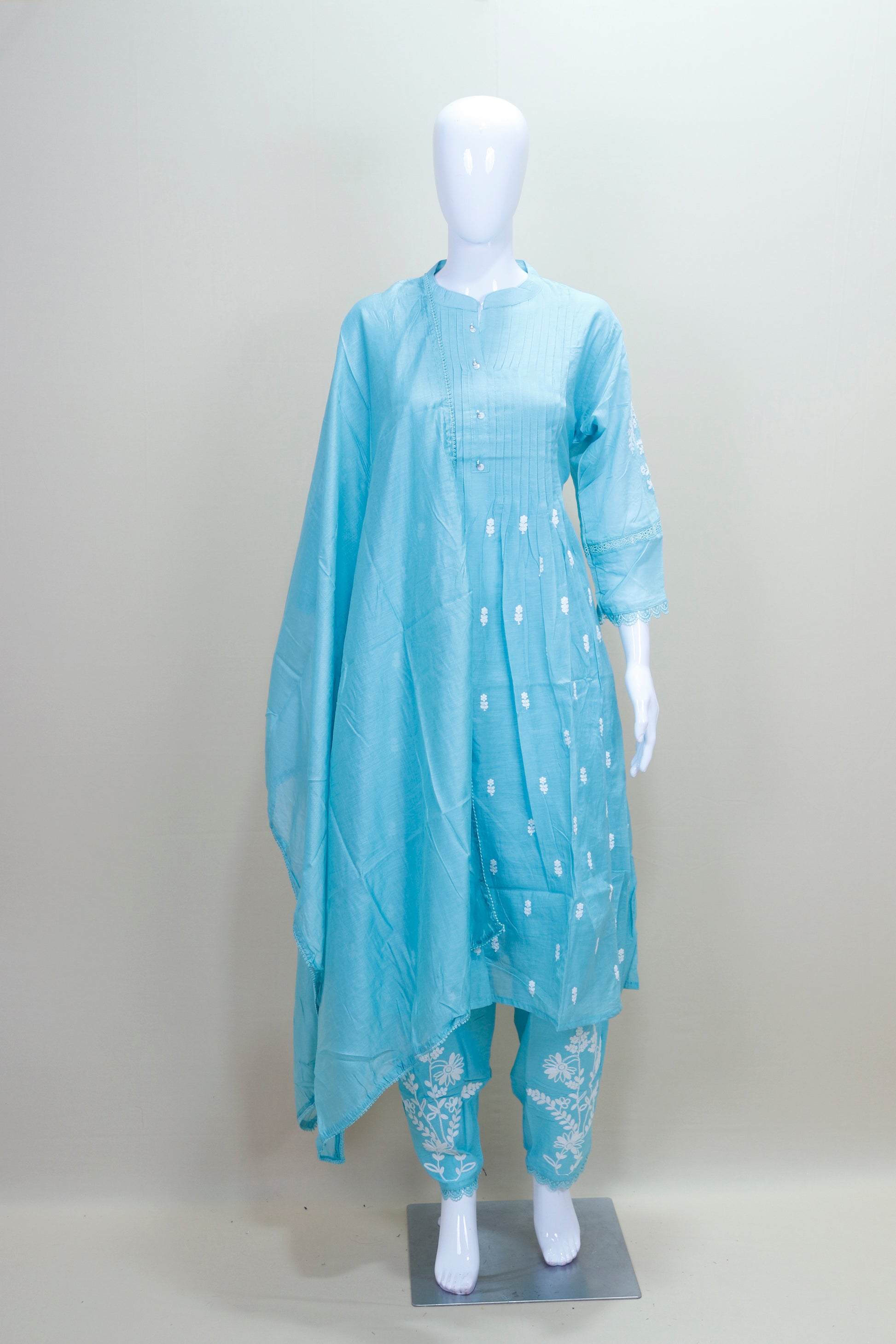 Sky Blue Chikankari Kurta Set with Embroidered Pants and Solid Dupatta
