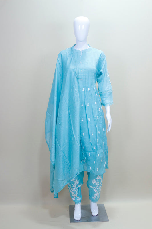 Sky Blue Chikankari Kurta Set with Embroidered Pants and Solid Dupatta
