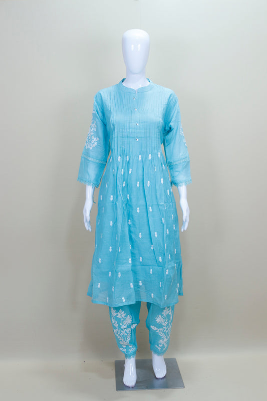 Sky Blue Chikankari Kurta Set with Embroidered Pants and Solid Dupatta