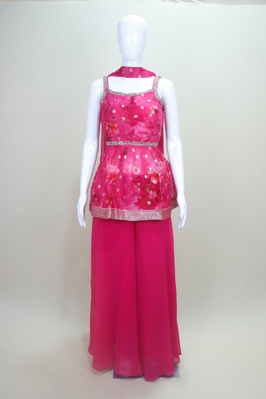 Pink Floral Organza Peplum Kurta with Sharara Pants and Dupatta
