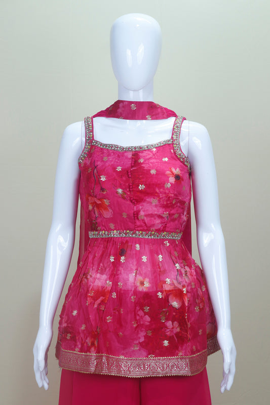 Pink Floral Organza Peplum Kurta with Sharara Pants and Dupatta