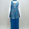 Designer Blue Printed Organza Peplum Kurta with Sharara Pants and Dupatta
