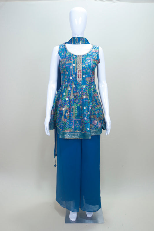 Designer Blue Printed Organza Peplum Kurta with Sharara Pants and Dupatta