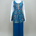 Designer Blue Printed Organza Peplum Kurta with Sharara Pants and Dupatta