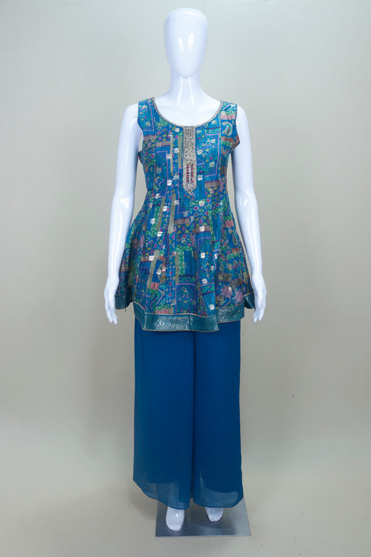 Designer Blue Printed Organza Peplum Kurta with Sharara Pants and Dupatta