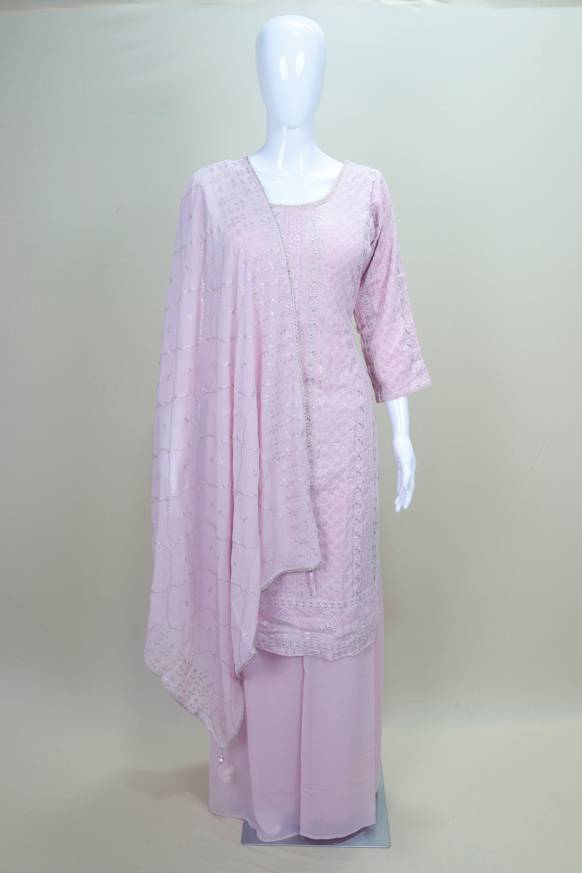 Elegant Light Pink Embroidered Georgette Kurta Sharara Set with Dupatta 