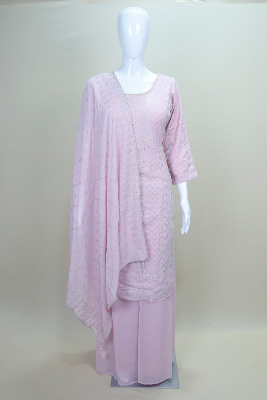 Elegant Light Pink Embroidered Georgette Kurta Sharara Set with Dupatta 