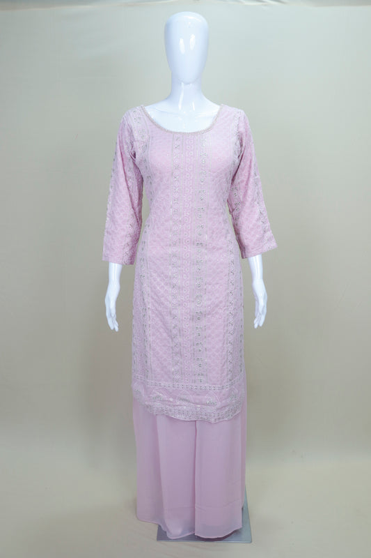 Elegant Light Pink Embroidered Georgette Kurta Sharara Set with Dupatta