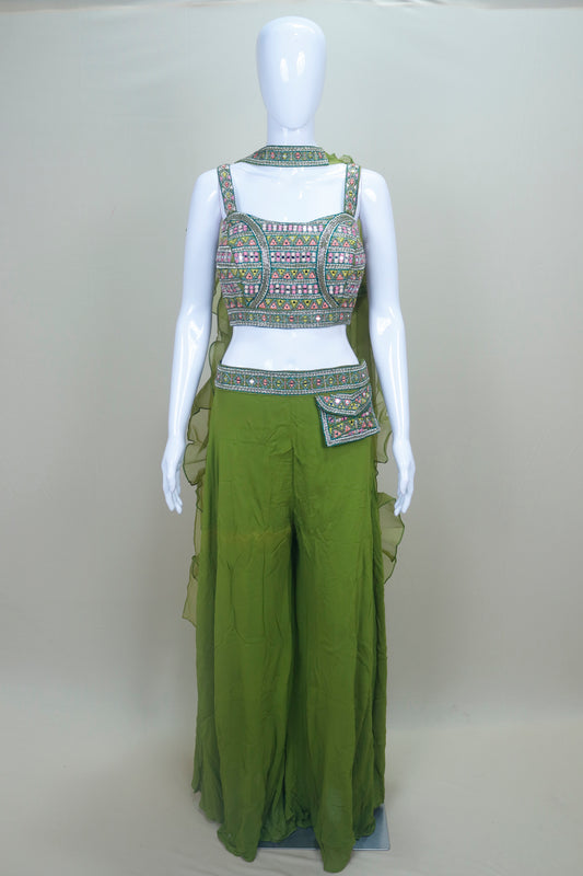 Women's Green Mirror Work Embroidered Crop Top with Palazzo Pants and Dupatta