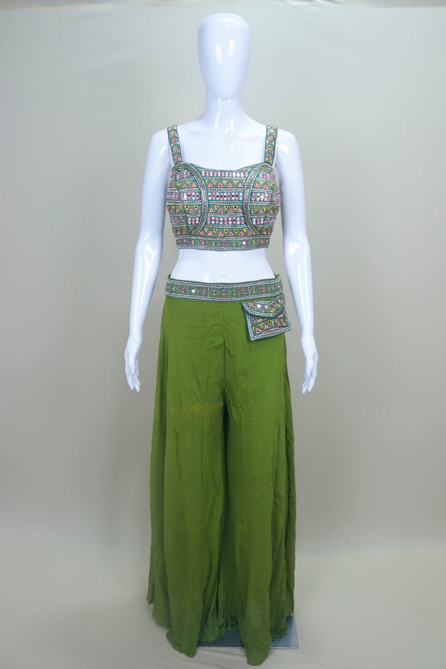 Women's Green Mirror Work Embroidered Crop Top with Palazzo Pants and Dupatta