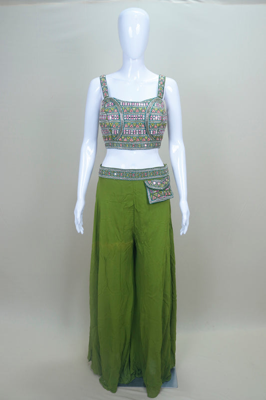 Women's Green Mirror Work Embroidered Crop Top with Palazzo Pants and Dupatta