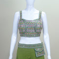 Women's Green Mirror Work Embroidered Crop Top with Palazzo Pants and Dupatta