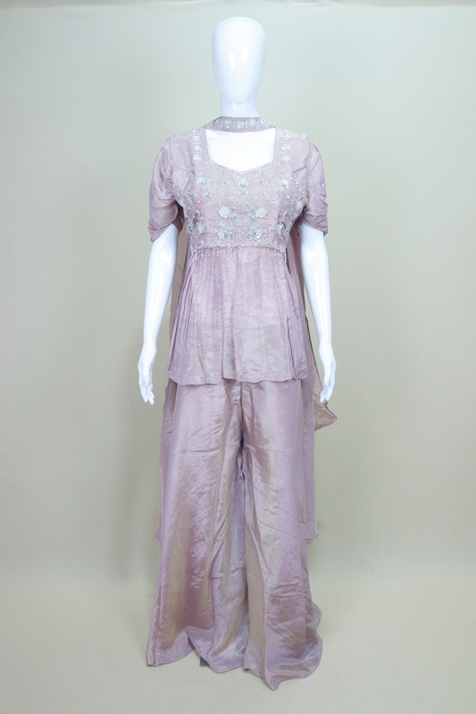 Elegant Lavender Embroidered Silk Peplum Kurta with Palazzo Pants Dupatta 