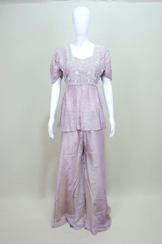 Elegant Lavender Embroidered Silk Peplum Kurta with Palazzo Pants Dupatta