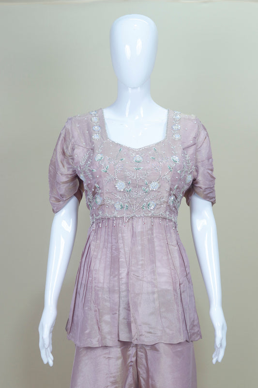 Elegant Lavender Embroidered Silk Peplum Kurta with Palazzo Pants Dupatta