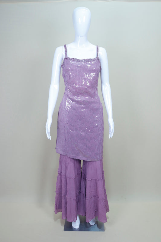 Lavender Sequin Strappy Kurta with Tiered Sharara Dupatta