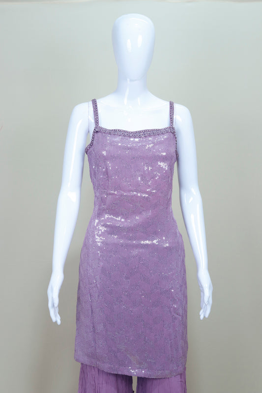 Lavender Sequin Strappy Kurta with Tiered Sharara Dupatta