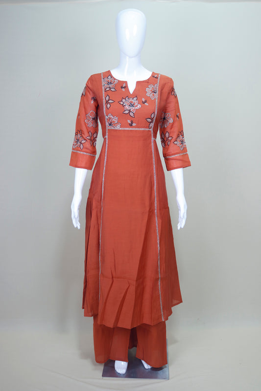 Rust Orange Cotton Kurta Set with Floral Embroidery Palazzo