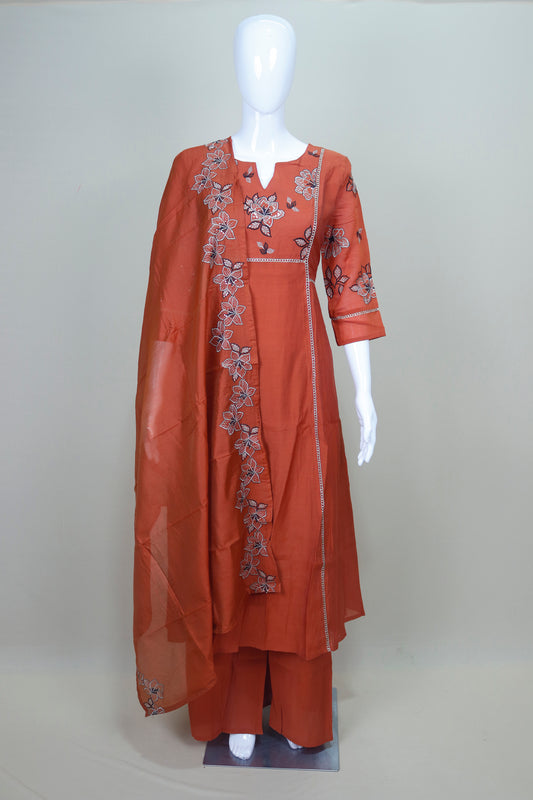Rust Orange Cotton Kurta Set with Floral Embroidery Palazzo