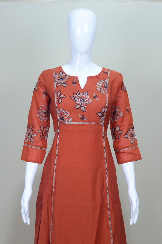 Rust Orange Cotton Kurta Set with Floral Embroidery Palazzo