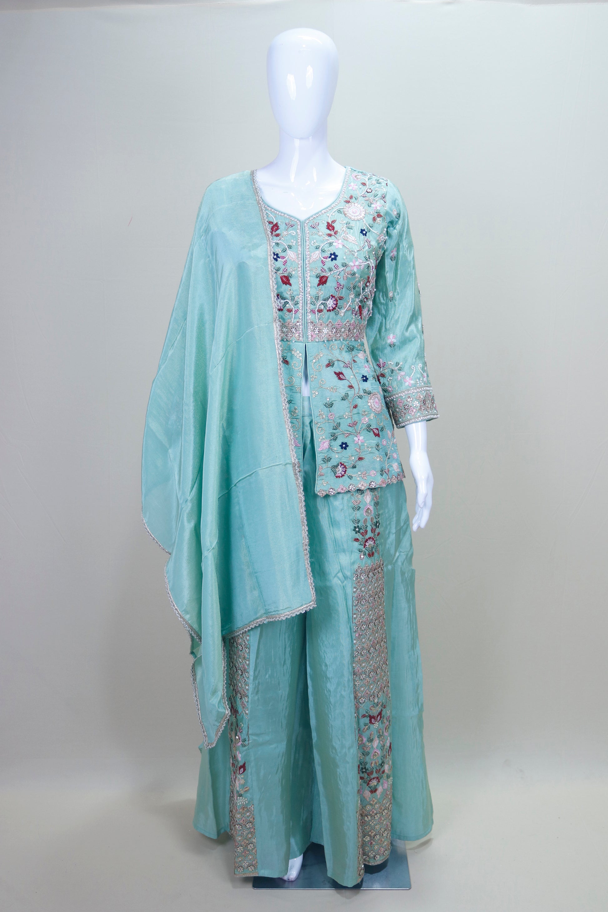 Sea Green Embroidered Silk Anarkali Suit with Dupatta