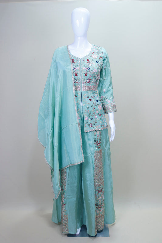 Sea Green Embroidered Silk Anarkali Suit with Dupatta