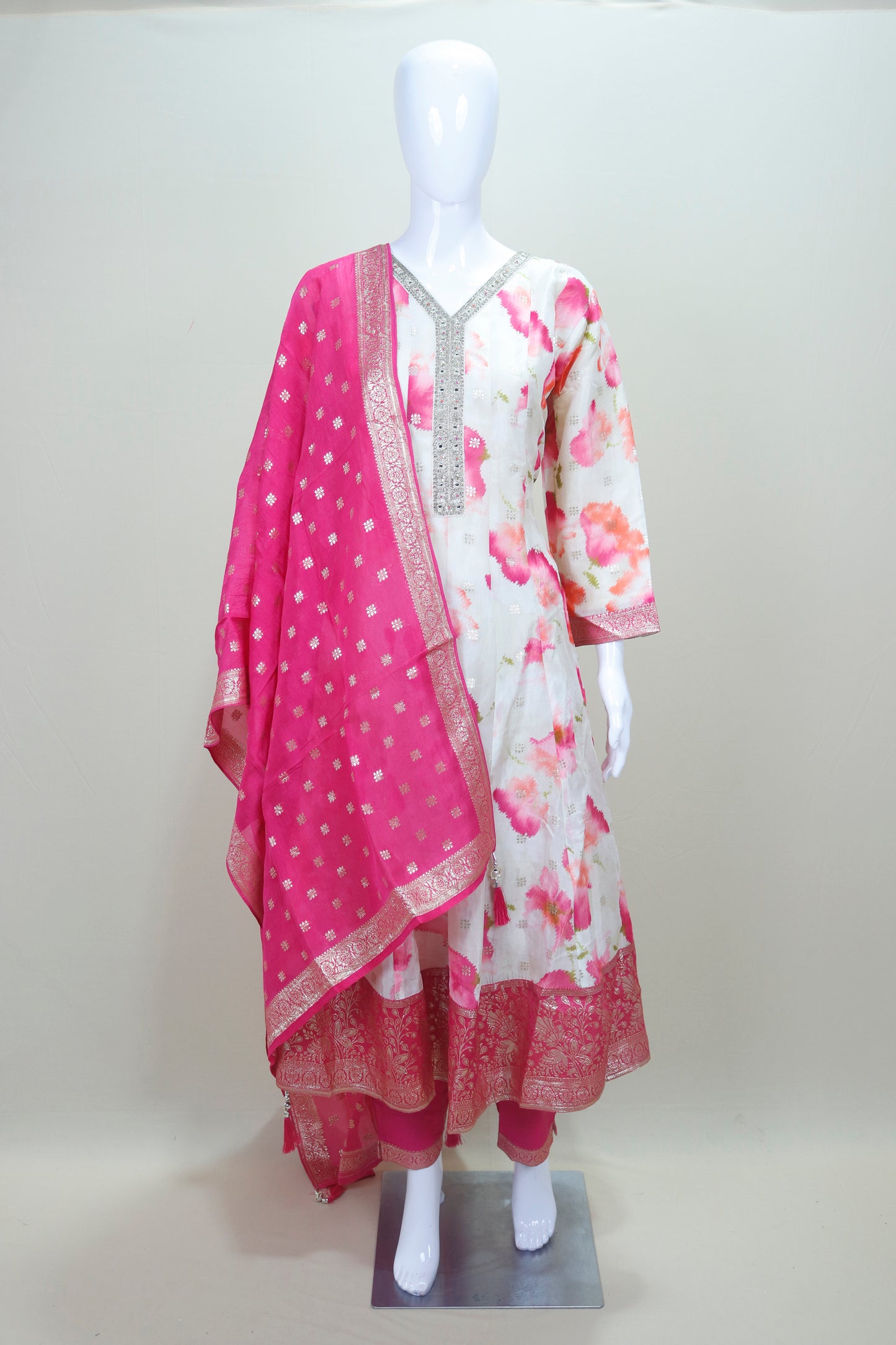 White and Pink Floral Silk Anarkali Suit with Banarasi Dupatta 
