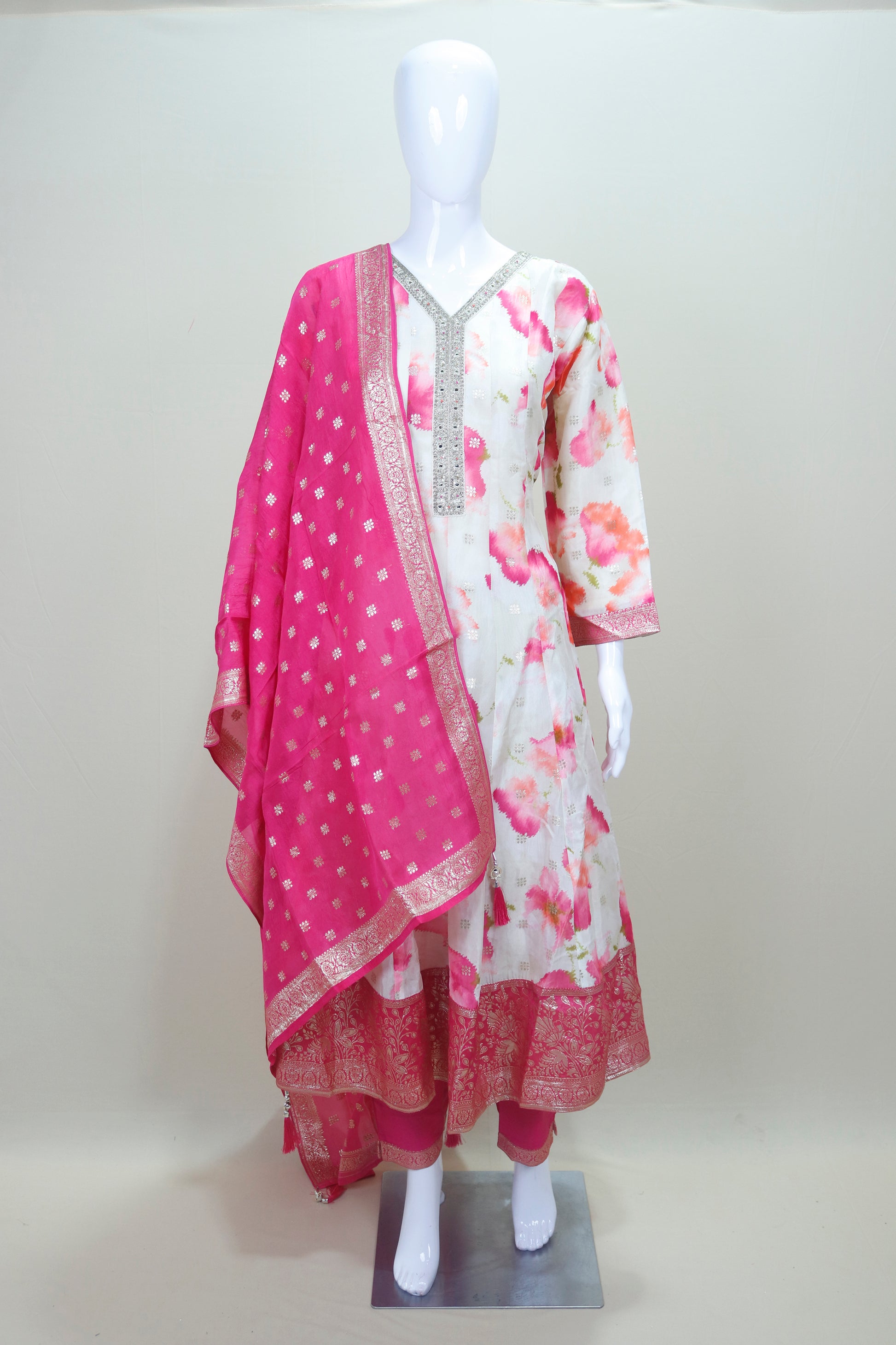 White and Pink Floral Silk Anarkali Suit with Banarasi Dupatta 