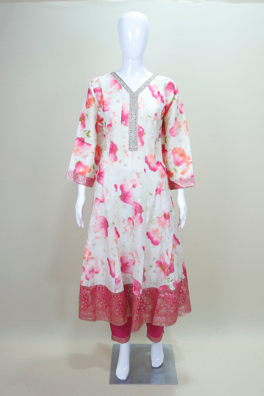White and Pink Floral Silk Anarkali Suit with Banarasi Dupatta