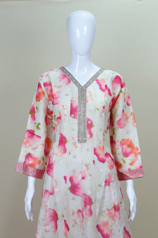 White and Pink Floral Silk Anarkali Suit with Banarasi Dupatta