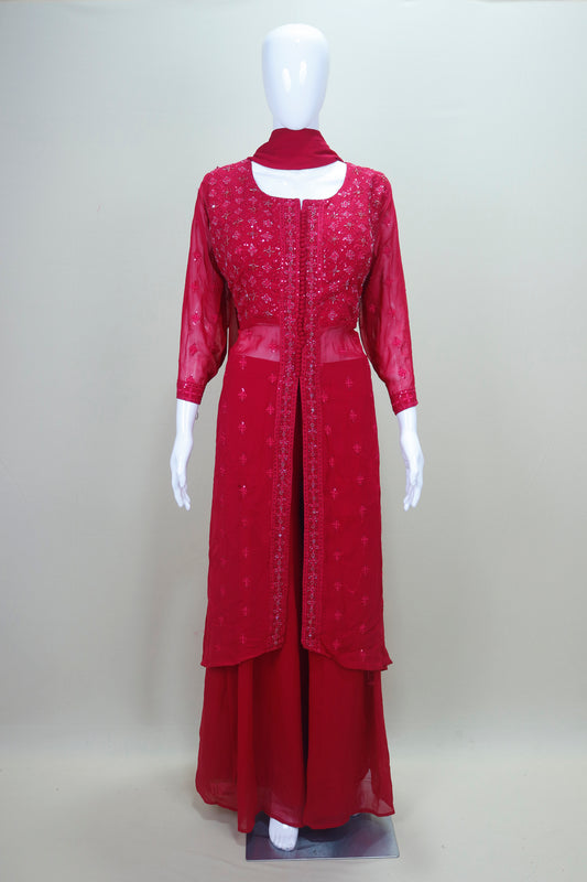 Red Georgette Embroidered Long Kurti with Palazzo and Dupatta 
