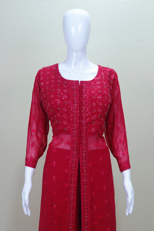 Red Georgette Embroidered Long Kurti with Palazzo and Dupatta
