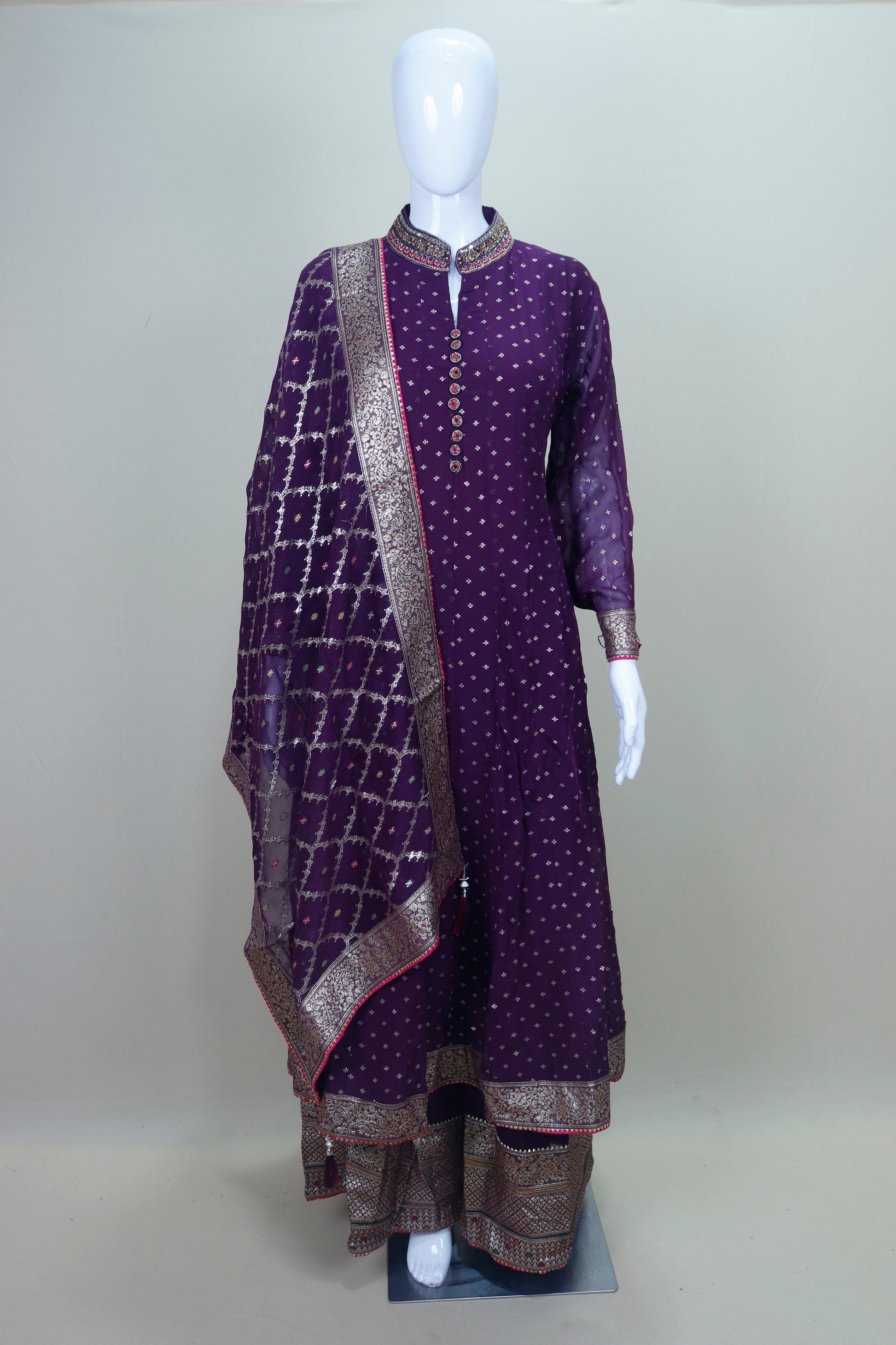 Purple Georgette Anarkali Suit with Gota Patti Work and Banarasi Dupatta 