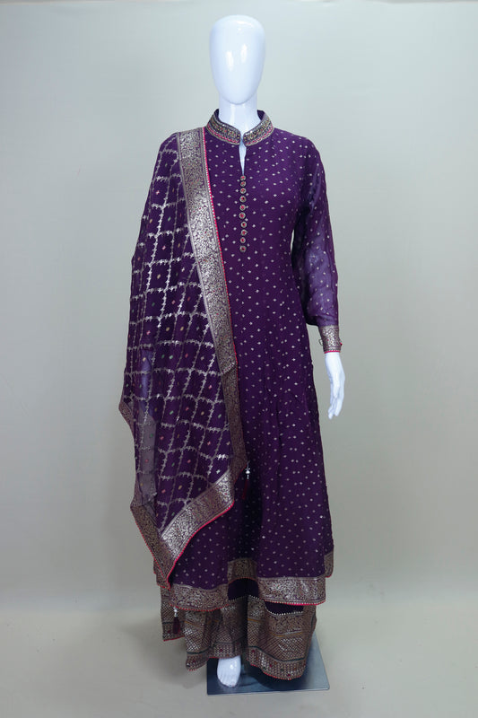 Purple Georgette Anarkali Suit with Gota Patti Work and Banarasi Dupatta 