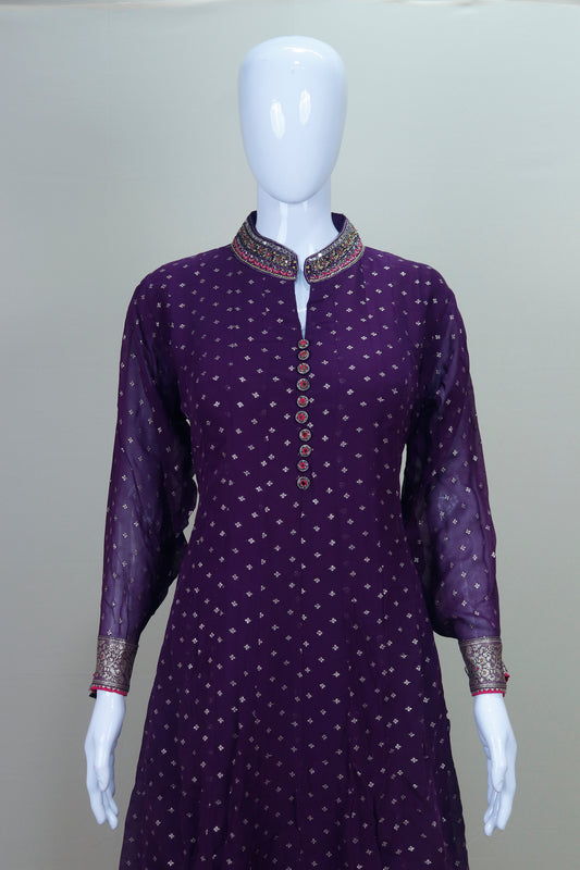Purple Georgette Anarkali Suit with Gota Patti Work and Banarasi Dupatta