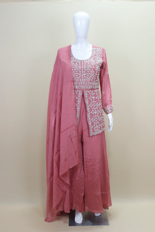 Dusty Pink Silk Embroidered Palazzo Suit with Dupatta