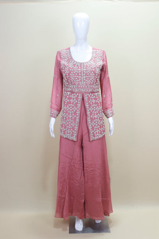 Dusty Pink Silk Embroidered Palazzo Suit with Dupatta