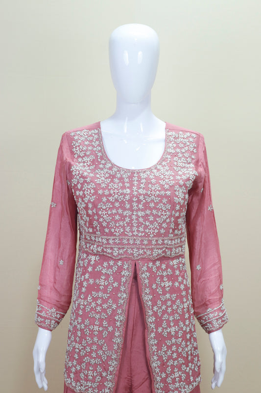 Dusty Pink Silk Embroidered Palazzo Suit with Dupatta