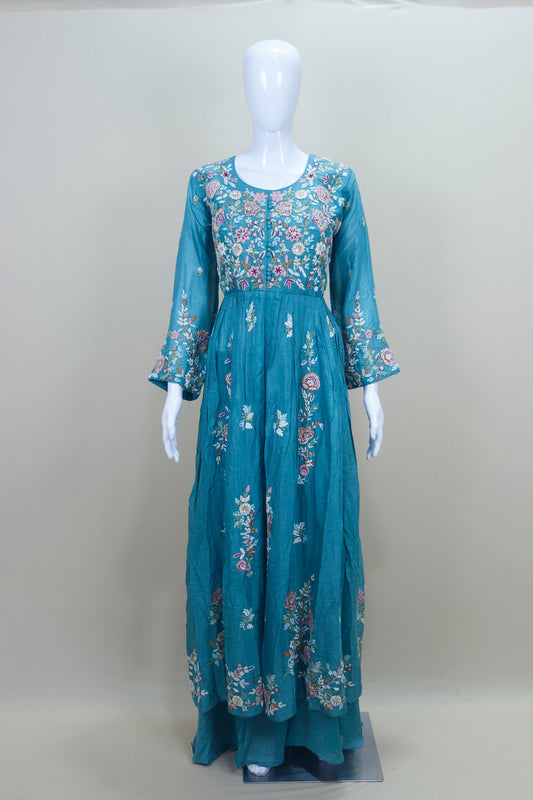 Teal Blue Floral Embroidered Anarkali Suit with Matching Dupatta