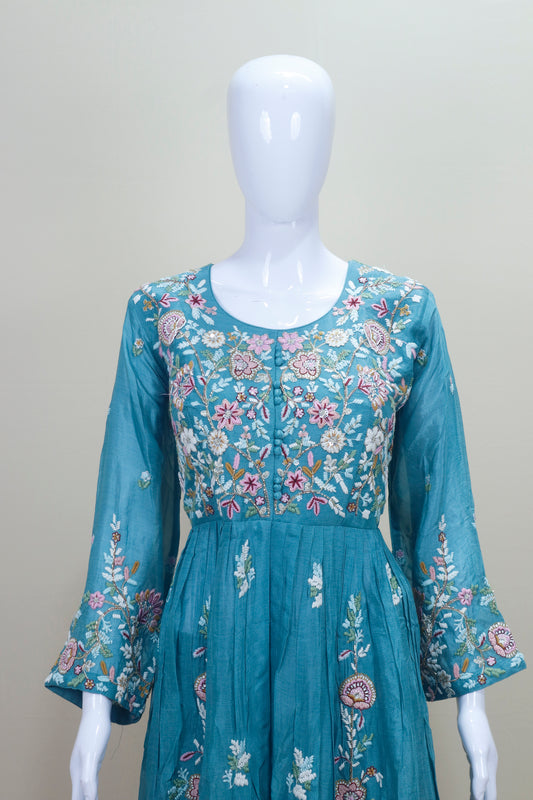 Teal Blue Floral Embroidered Anarkali Suit with Matching Dupatta