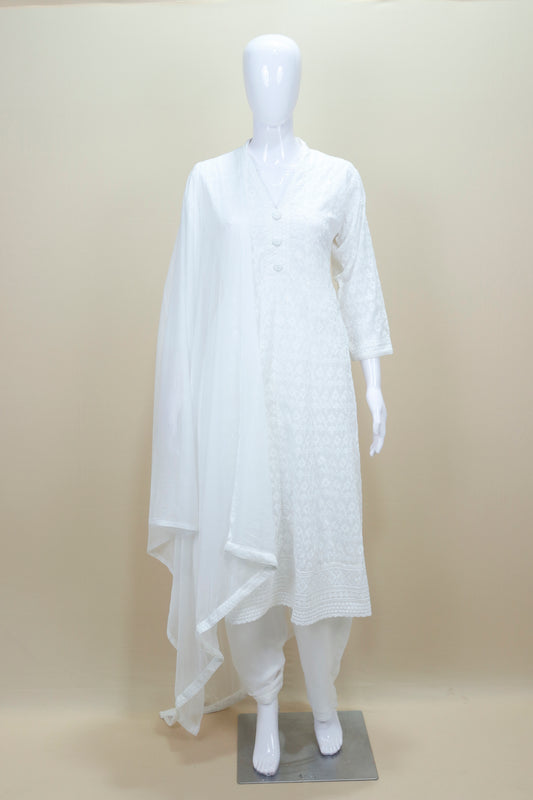 White Cotton Chikankari Kurta Set with Matching Dupatta