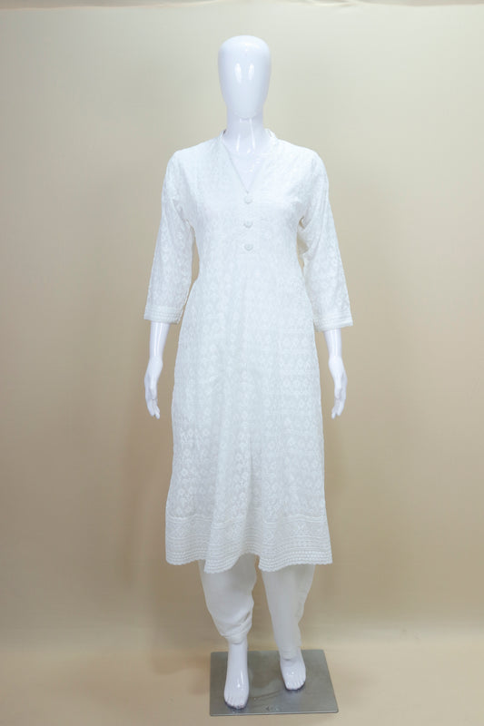 White Cotton Chikankari Kurta Set with Matching Dupatta