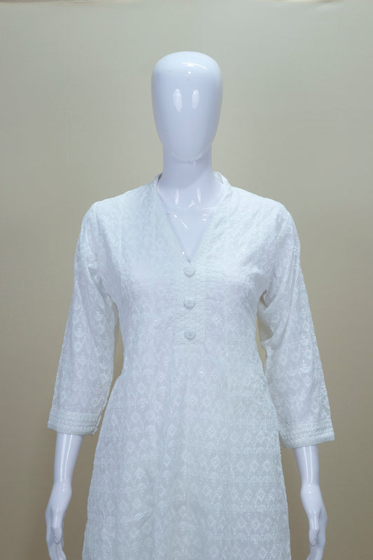 White Cotton Chikankari Kurta Set with Matching Dupatta