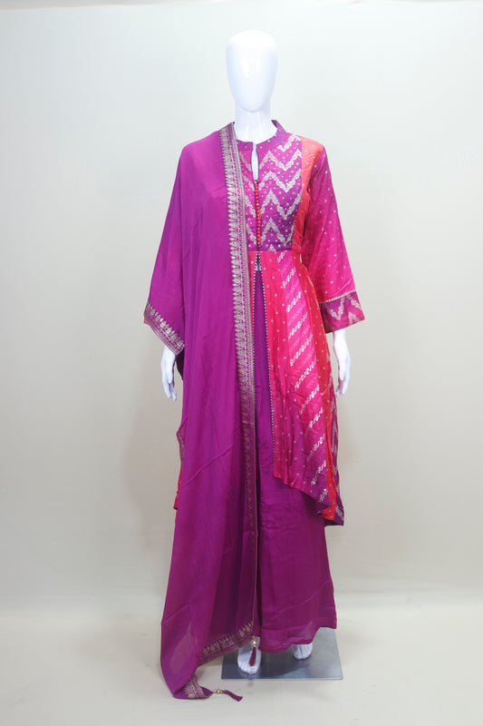 Magenta and Pink Bandhani Print Anarkali Suit with Embroidery and Dupatta 